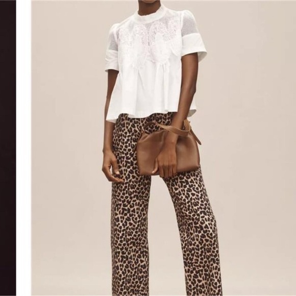 Women Lace-Detail Flared Blouse Short-Sleeve Crew Neck Lace Poplin Mesh - Picture 3 of 7